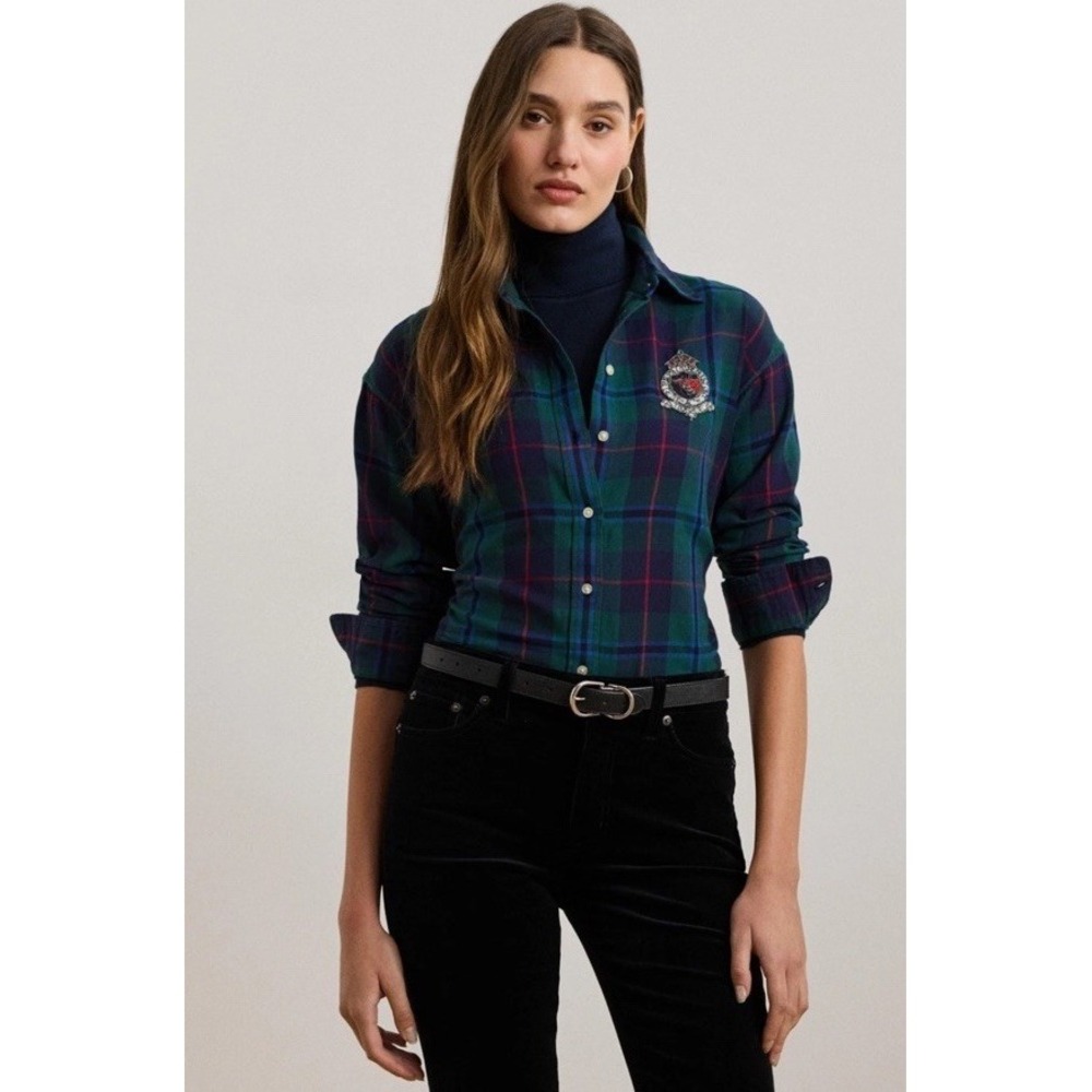 Lauren Ralph Lauren Women's Relaxed-Fit Watch Plaid Shirt Size 2XGreen MSRP $165